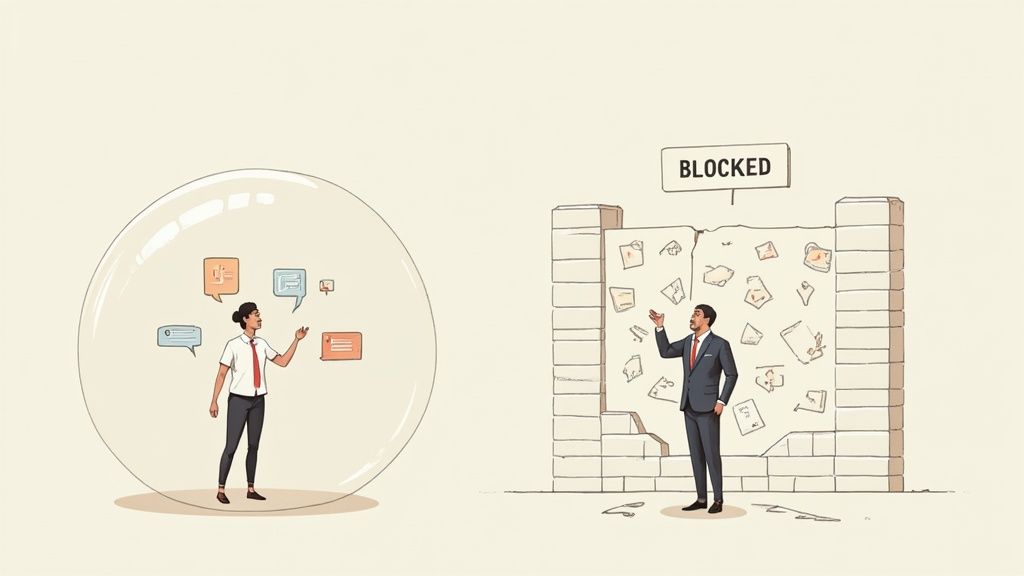 Businessman inside bubble with free communication versus blocked access by firewall barrier