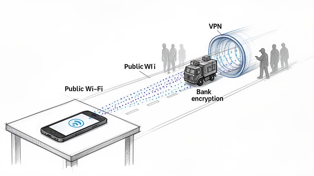 Illustration of data secured from public Wi-Fi using bank encryption and a VPN tunnel.