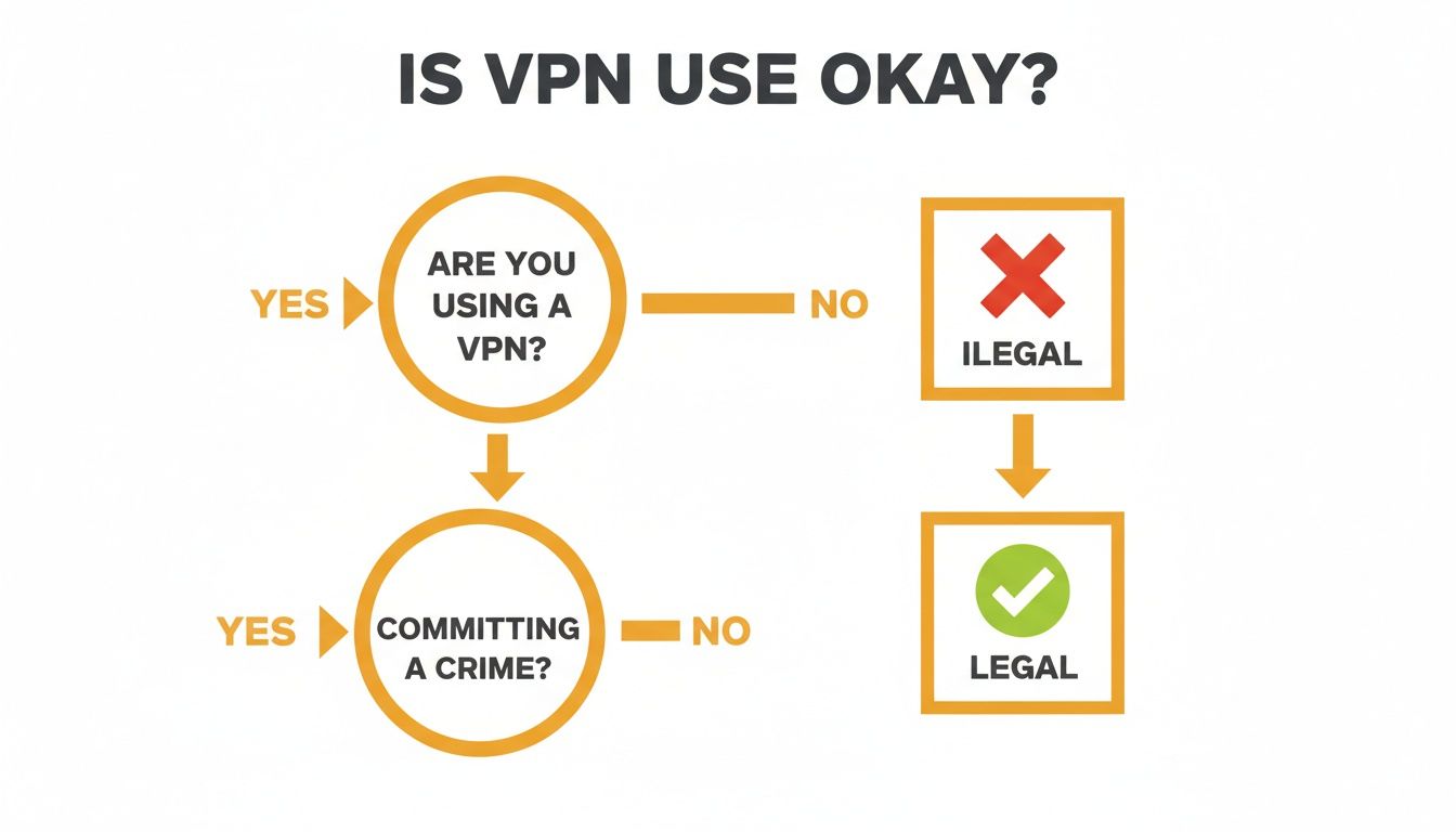 A flowchart titled 'IS VPN USE OKAY?' with decision points for VPN use and committing a crime, leading to 'Illegal' or 'Legal' outcomes.