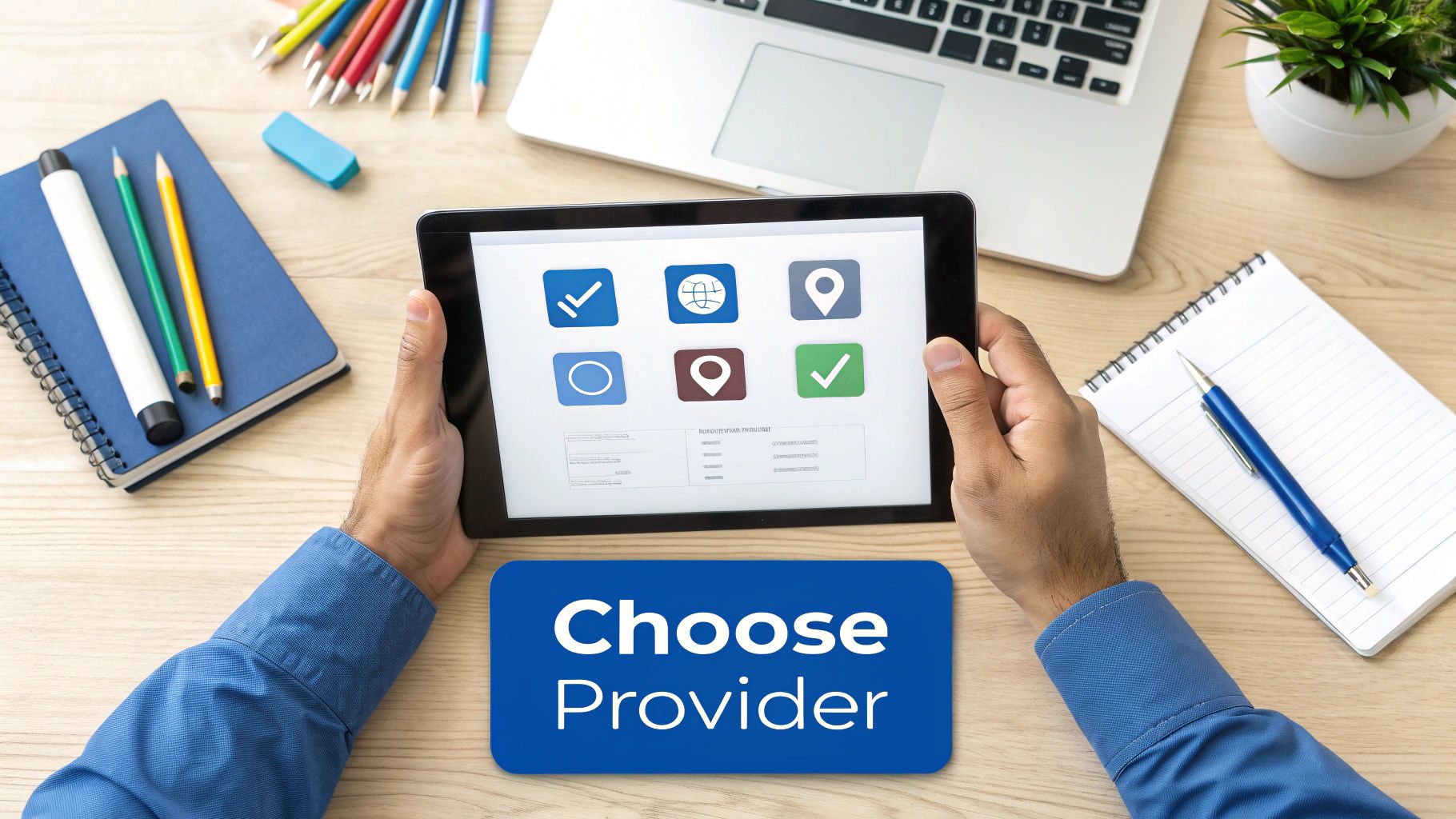A person holds a tablet displaying various icons for provider selection, with a 'Choose Provider' text overlay.
