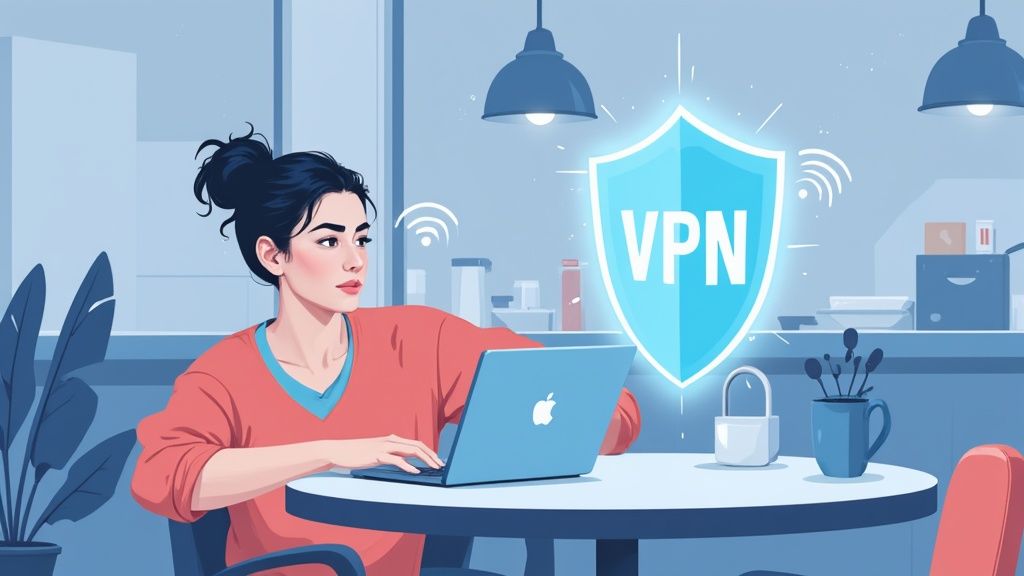 Woman using laptop with VPN shield icon and padlock for secure internet browsing at home