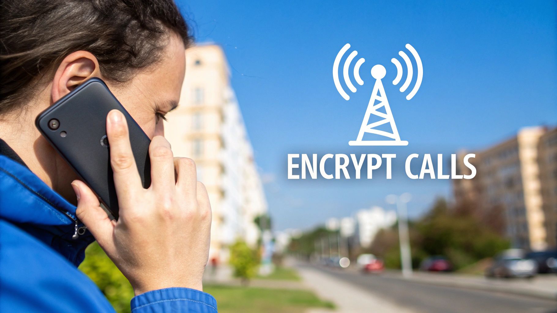 Person on a phone call with a smartphone, showing an icon of a cell tower and 'ENCRYPT CALLS' text.