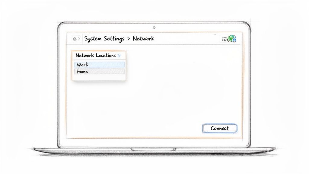 A sketch of a laptop displaying a network settings screen with 'Work' and 'Home' location options, and a 'Connect' button.