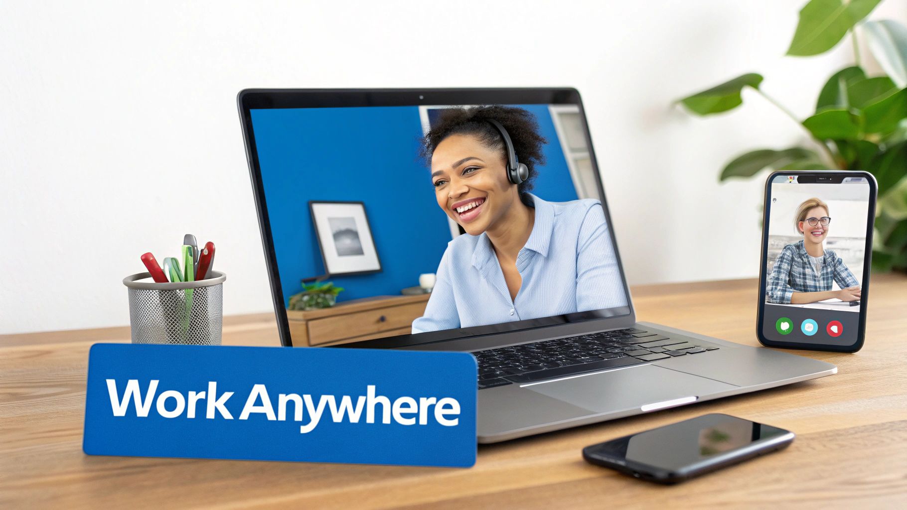 A laptop and smartphone display video calls, with a "Work Anywhere" sign, depicting flexible communication.