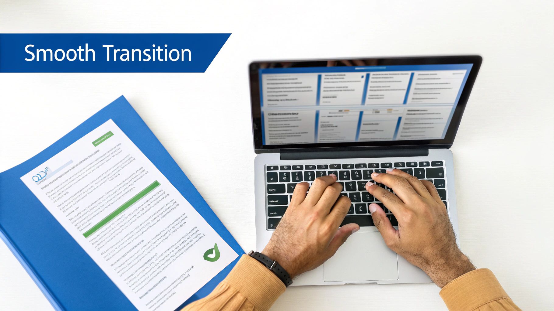A person at a desk using a laptop, with arrows showing a smooth migration from one software icon to another.