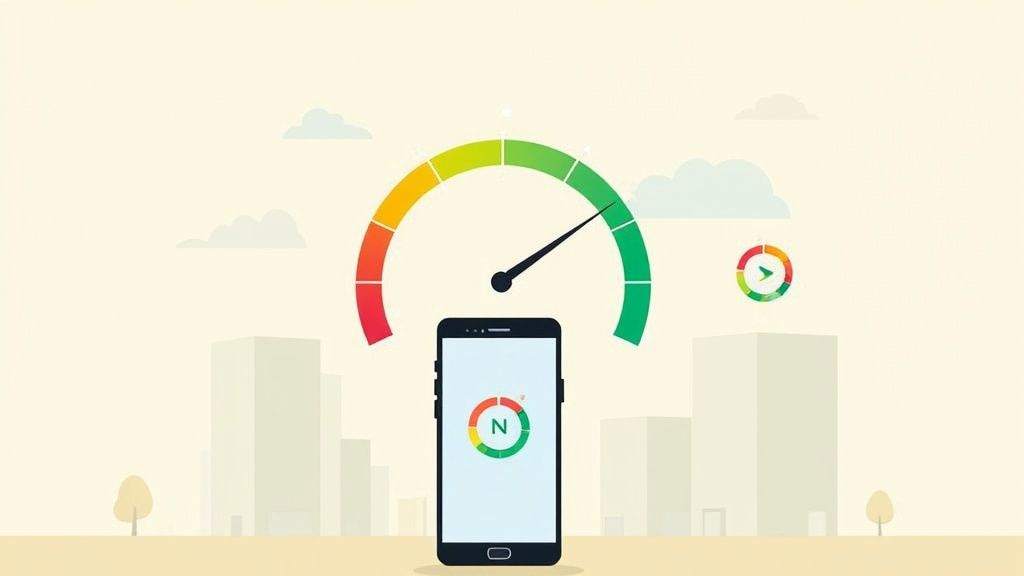 A speedometer showing a fast connection speed, representing how to avoid a slow VPN on an iPhone.