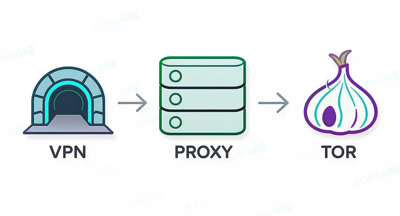 Infographic showing the process flow of choosing IP tools: VPN, Proxy, and Tor.