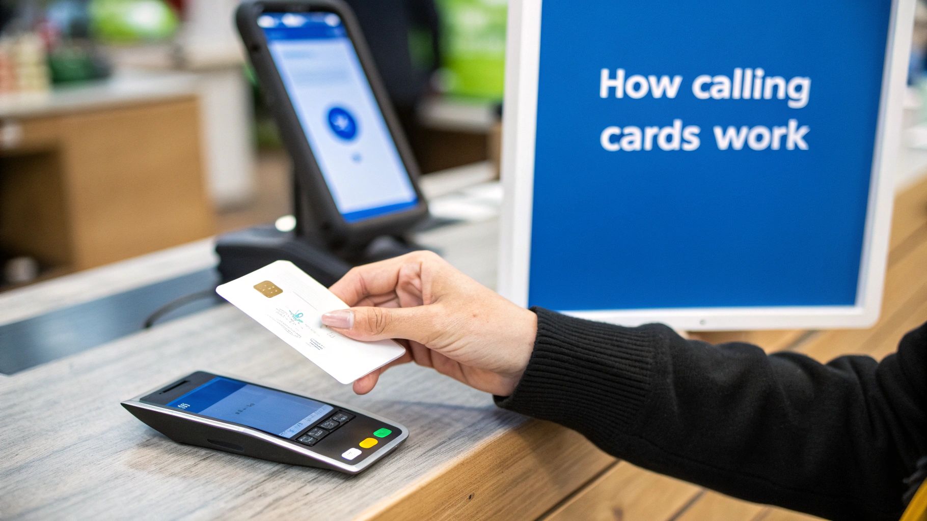 Une personne tient une carte d'appel blanche avec une puce au-dessus d'un terminal de paiement, l'écran bleu affichant 'Comment fonctionnent les cartes d'appel'.