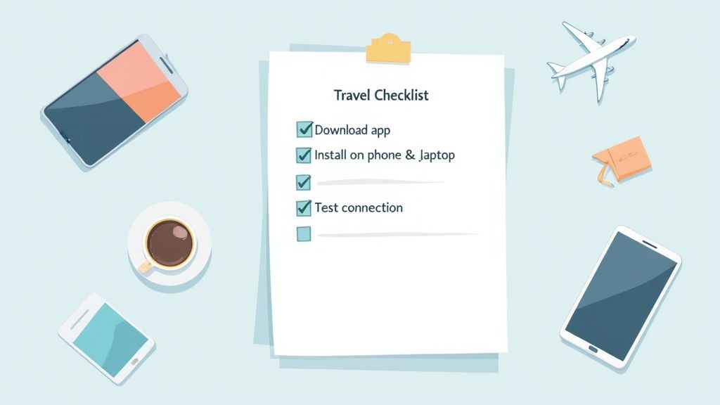 قائمة مهام سفر على لوحة ملاحظات مع مهام مثل تنزيل التطبيقات واختبار الاتصالات، محاطة بهواتف محمولة، لابتوب، طائرة، وقهوة.