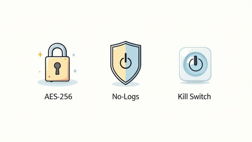 An illustrated shield and lock symbolizing digital security and VPN protection