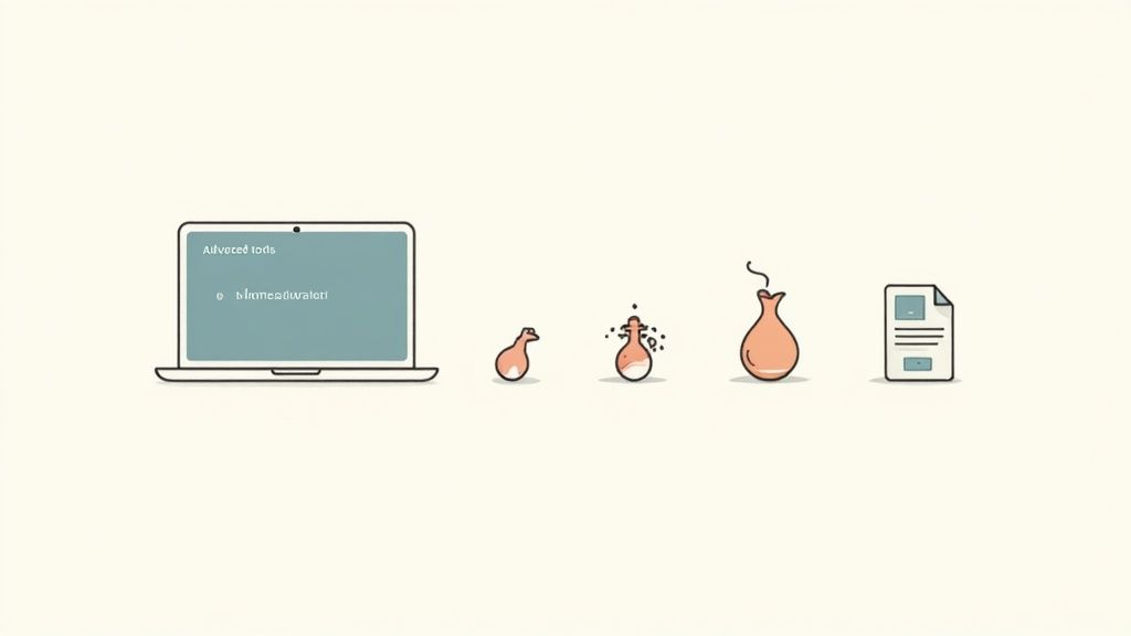 An illustration depicting a laptop, a three-stage chemical process in beakers, and a final document icon.