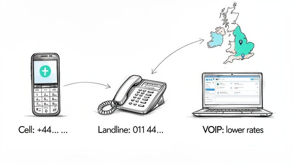 携帯、固定電話、VOIPサービス用のノートパソコンなど、英国へかける方法を示す図