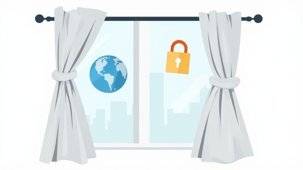 A window with tied-back white curtains showing a globe and an orange padlock icon.