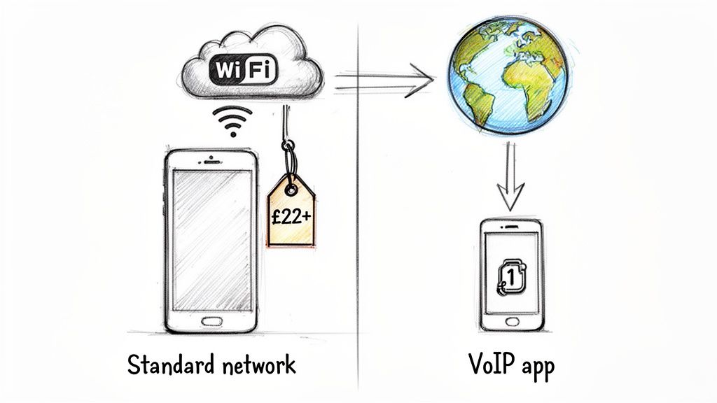 An illustration comparing costly international calls on standard networks with affordable VoIP app calls.