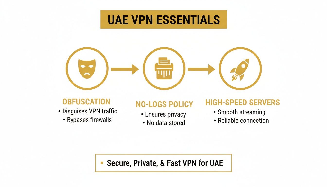 Infographic outlining UAE VPN essentials: fast protocols, no-logs policy, and high-speed servers for a secure and fast connection.