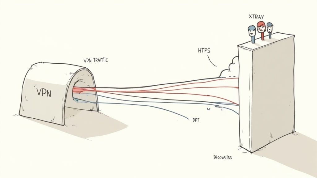 مخطط يوضح حركة مرور VPN، بما في ذلك HTTPS وDPI، وهي تخرج من نفق VPN نحو نظام XTRAY.