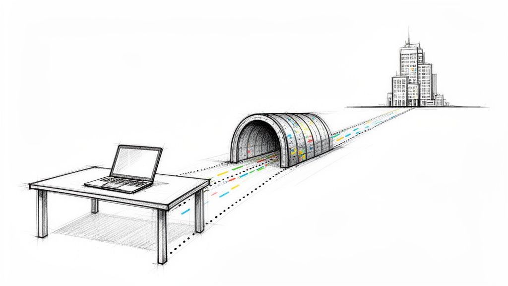 A laptop connects via a secure tunnel, encrypting data to a remote office building.