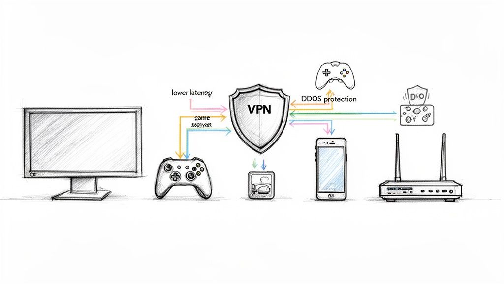 Diagram showing how a VPN provides lower latency and DDoS protection for gaming devices and a smartphone.