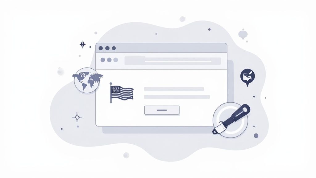 A magnifying glass over a world map, symbolizing the process of checking and verifying an IP address location.