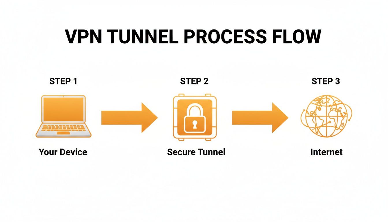 Diagram illustrating the VPN tunnel process flow from a user's device through a secure tunnel to the internet.