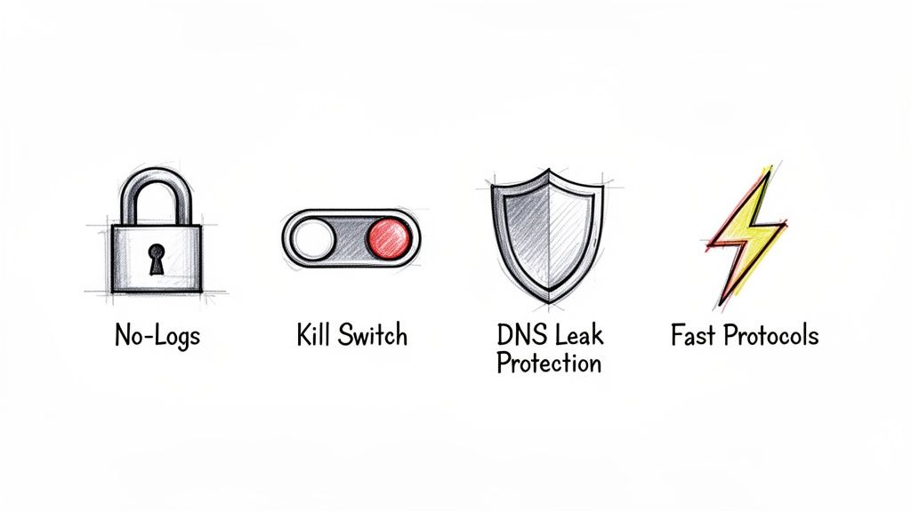 Sketched icons representing key VPN features: No-Logs, Kill Switch, DNS Leak Protection, and Fast Protocols.