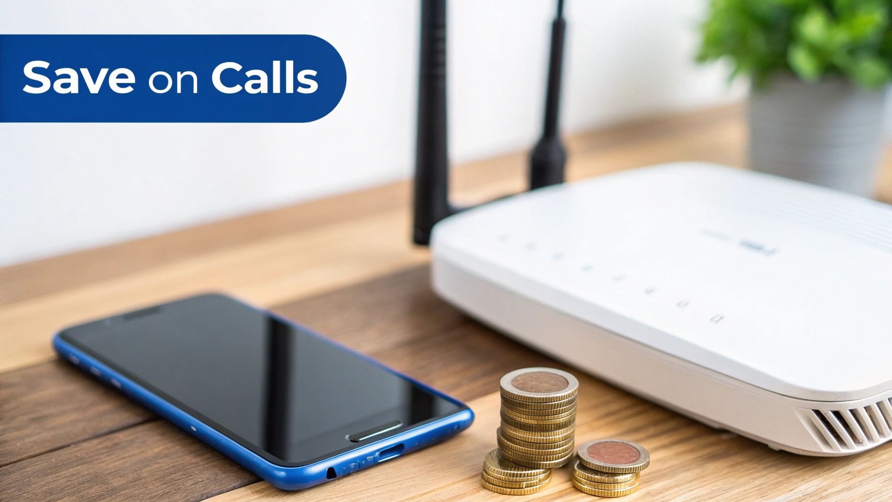 Un smartphone, un routeur et des piles de pièces sur un bureau en bois avec une bannière « Économiser sur les appels ».