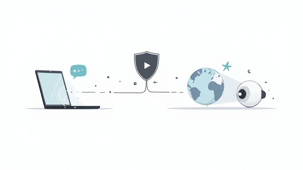 An illustration of a laptop sending data, protected by a security shield and global network, against external monitoring.