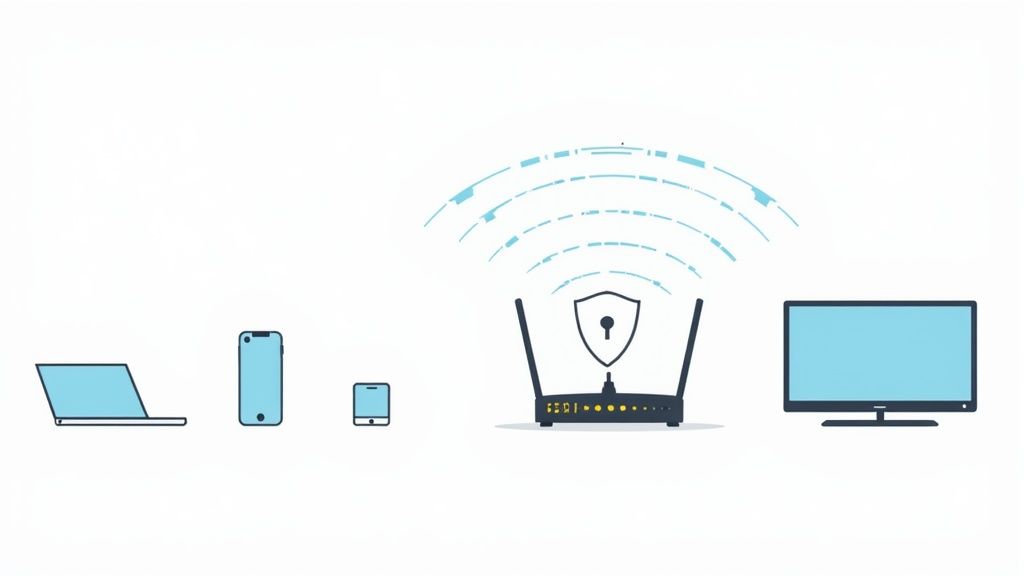 Several different devices like a laptop, smartphone, and tablet arranged neatly.
