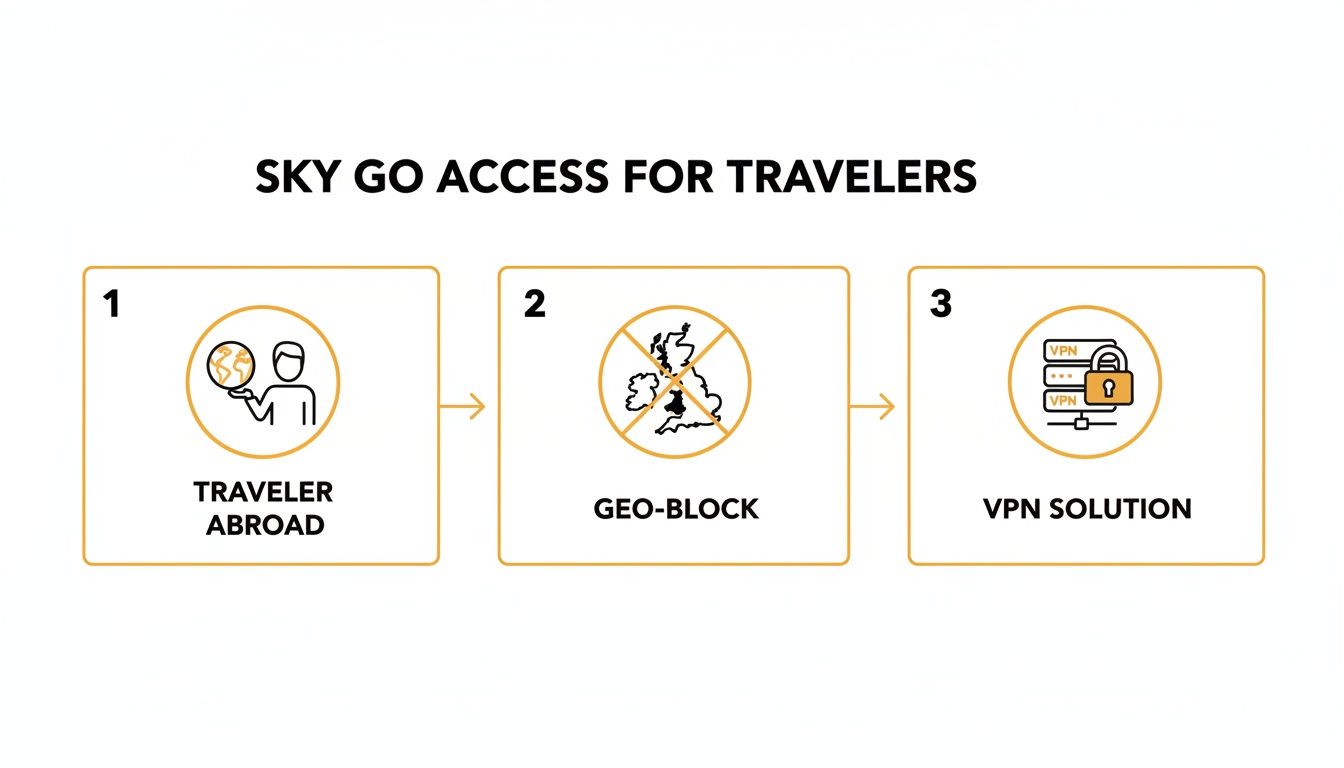 Diagram showing how travelers can access Sky Go abroad using a VPN to bypass geo-blocking.