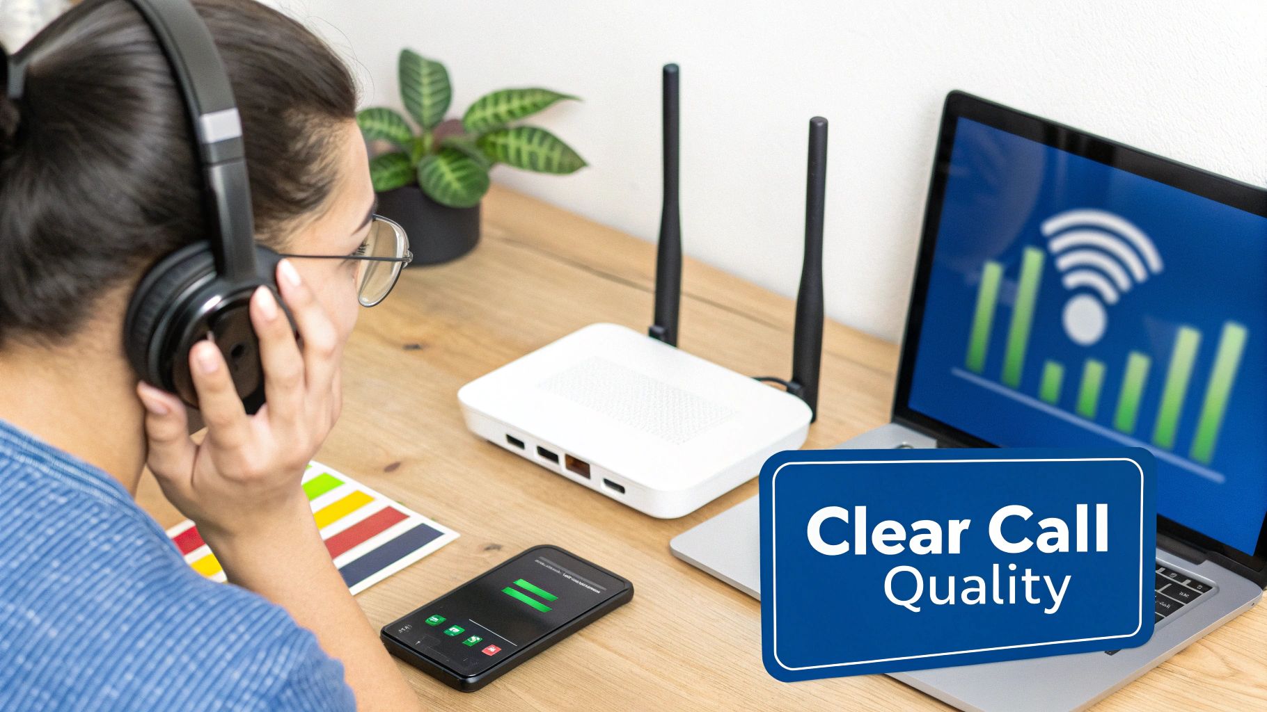 Personne avec un casque utilisant un ordinateur portable et un smartphone pour un appel, avec un routeur Wi‑Fi à proximité, mettant l'accent sur la qualité d'appel.