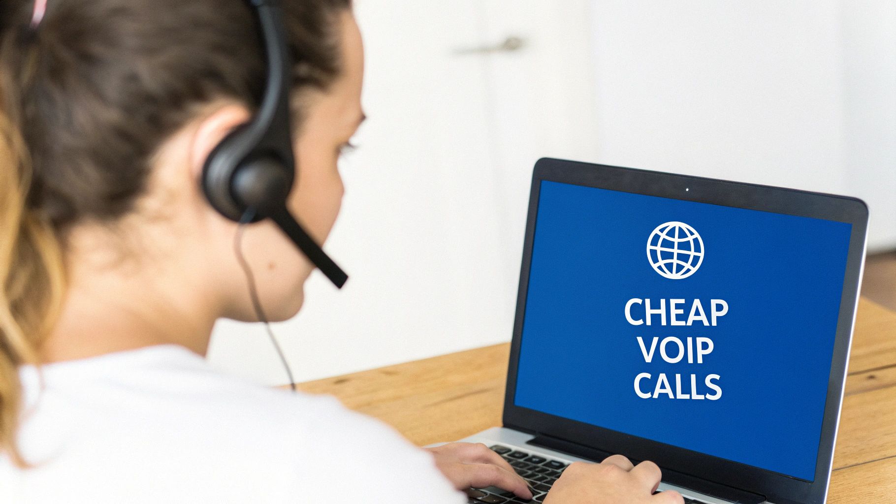 Woman wearing headset using laptop computer for cheap international VoIP calls communication