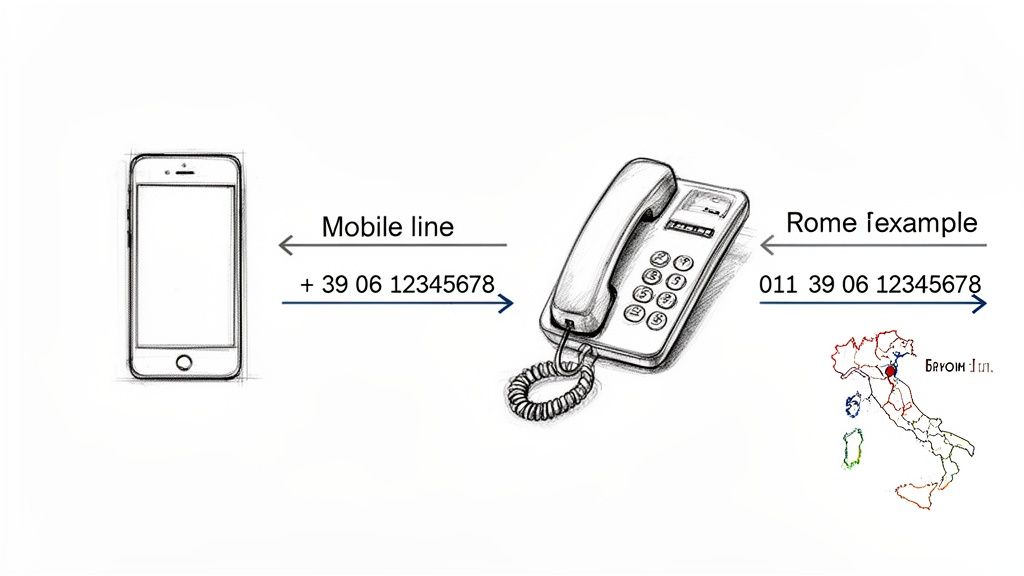 モバイル回線とローマの固定回線例を含む、イタリアへのダイヤル形式を示す図解。