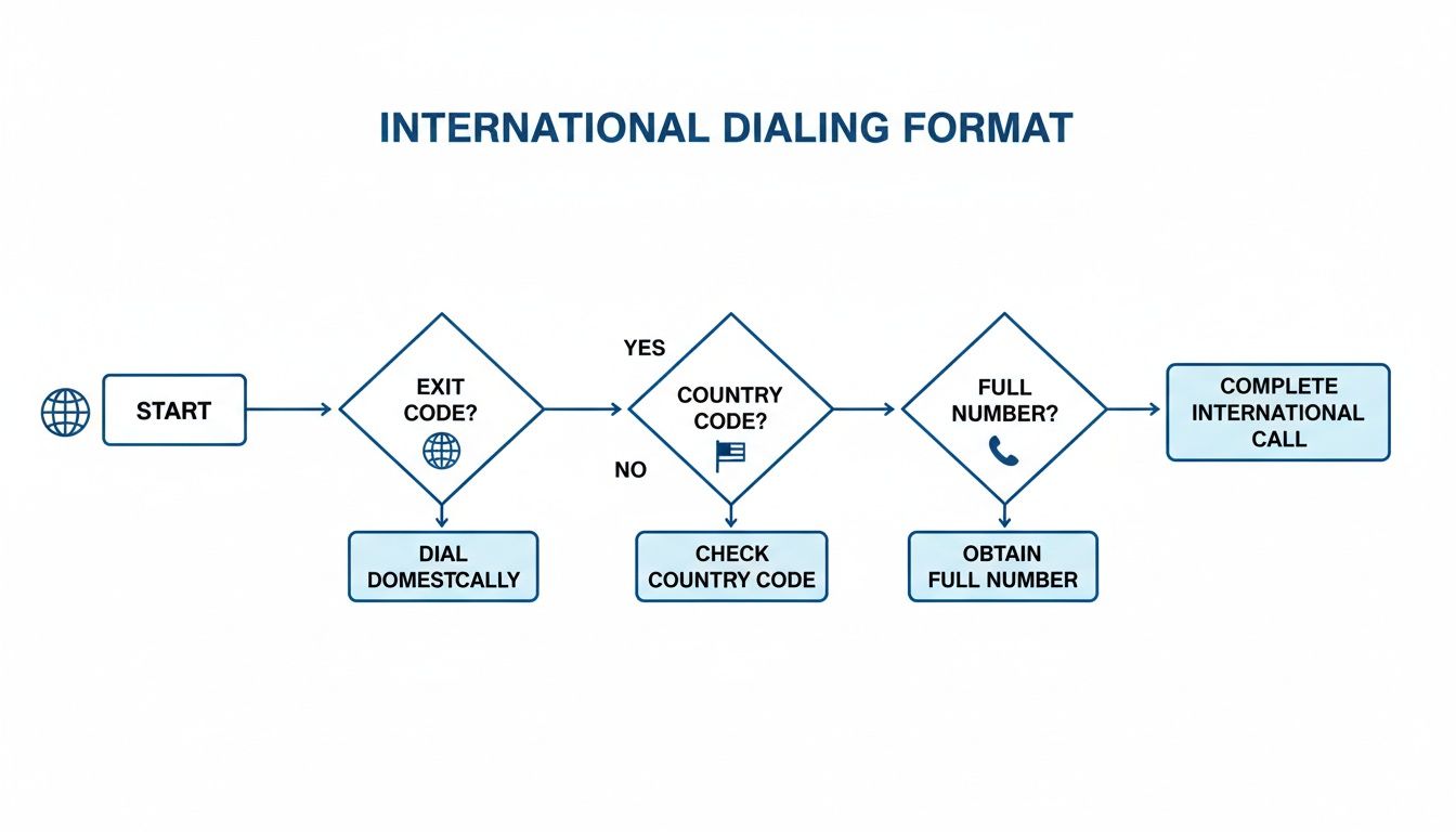 Flowchart illustrating the step-by-step process for making international phone calls, from start to completion.