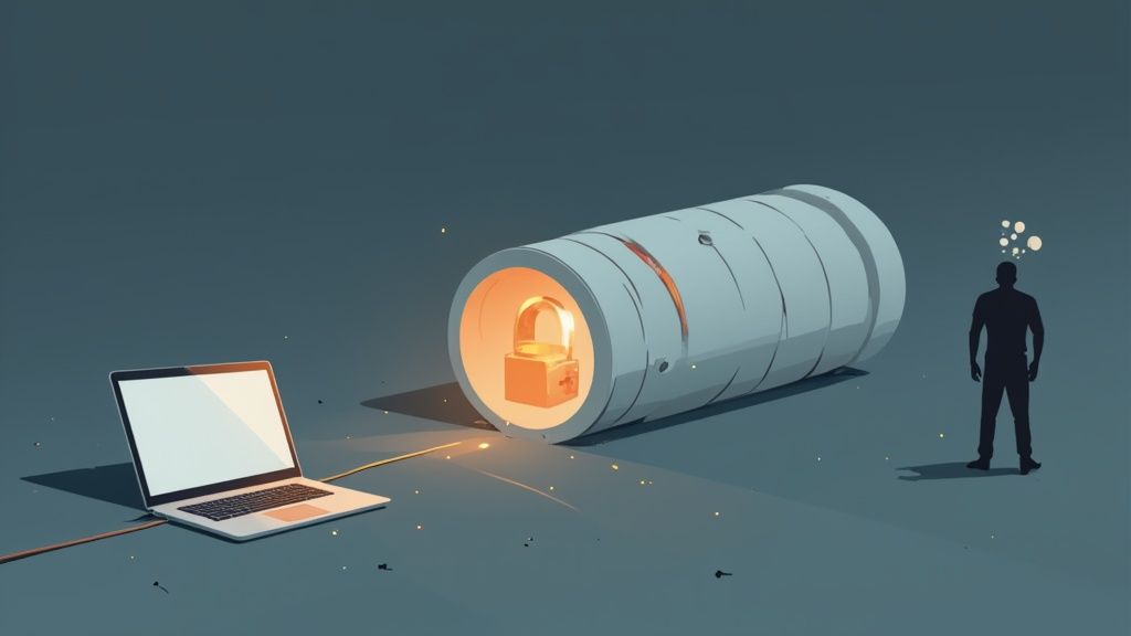 شخص يستخدم لابتوب مع رمز درع رقمي، يمثل حماية VPN ضد هجمات الشبكة.