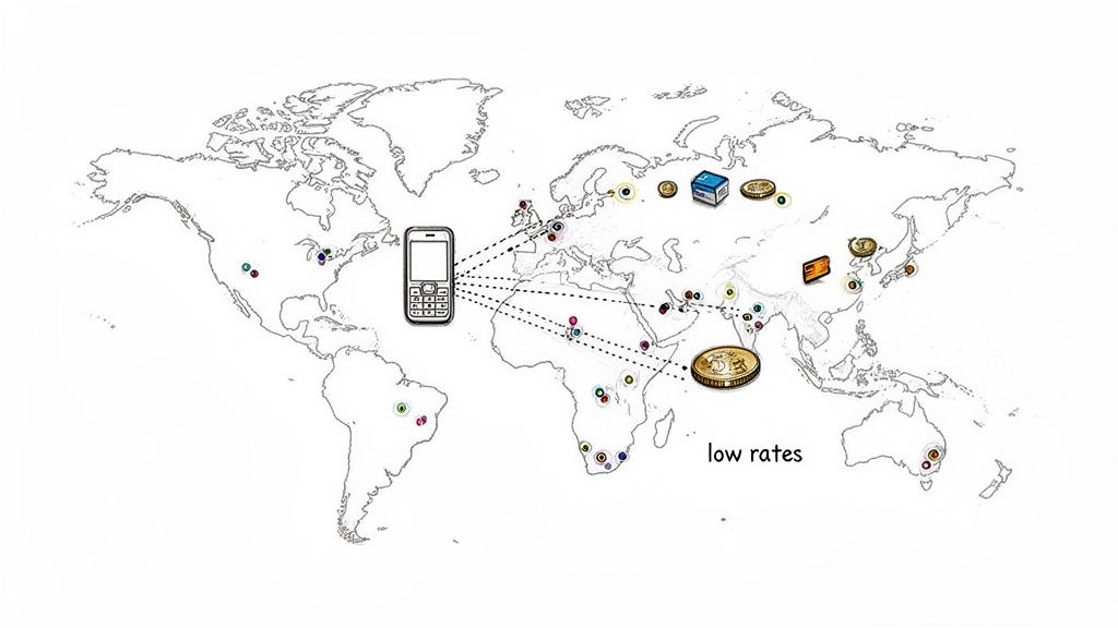 低料金で通話や送金ができるように世界中の場所と接続するスマホを示す世界地図のイラスト