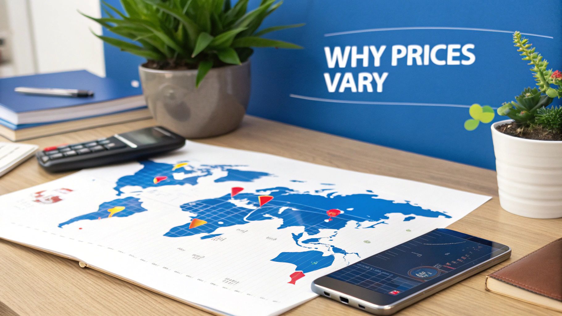 A person on their laptop making an international call, with world map graphics in the background.