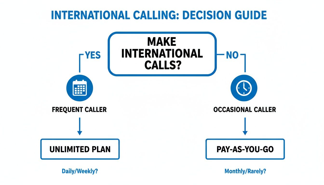 頻繁に通話する人とたまに通話する人向けに国際通話プランの選択肢を示す意思決定ガイド