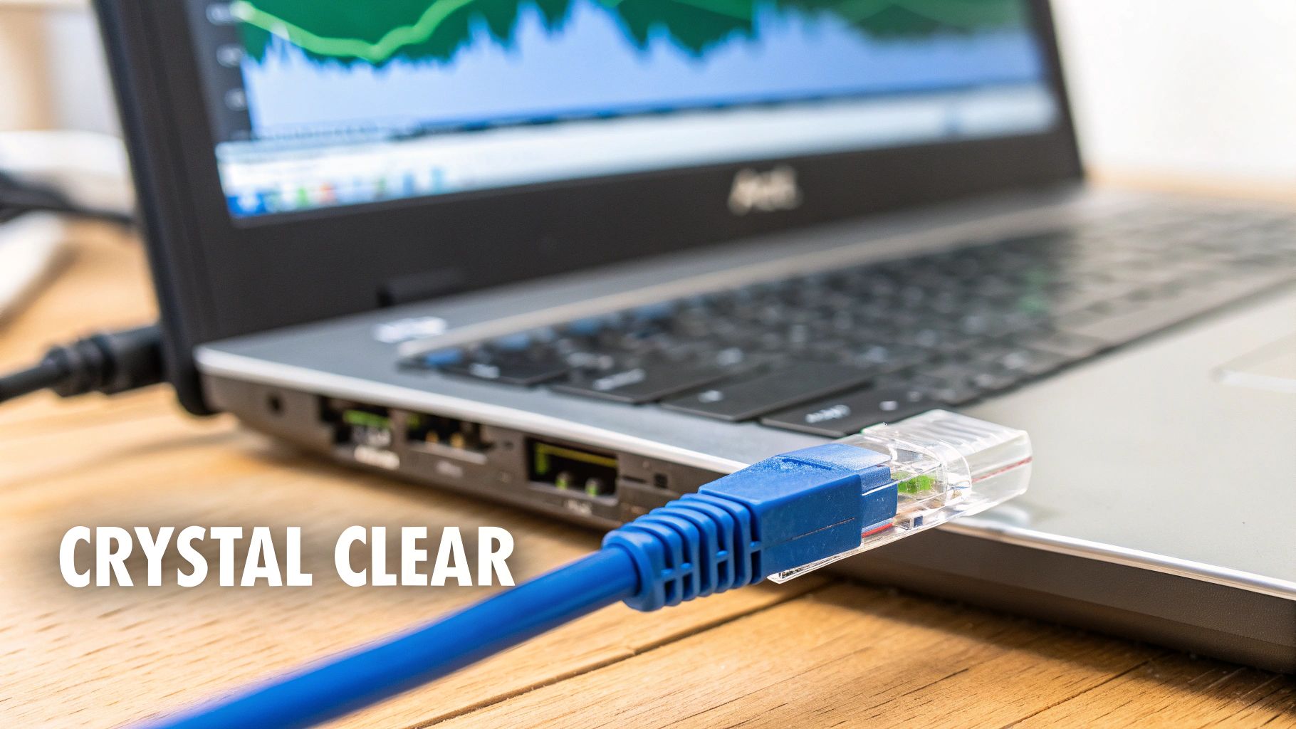 Nahaufnahme eines blauen Ethernet‑Kabels, das an einen Laptop angeschlossen ist, mit Daten‑Diagrammen auf dem Bildschirm.