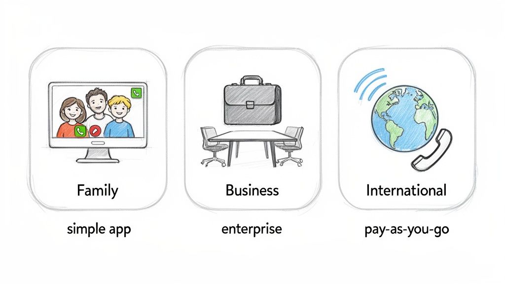 Croquis de services de communication pour appels vidéo en famille, réunions professionnelles et appels internationaux.
