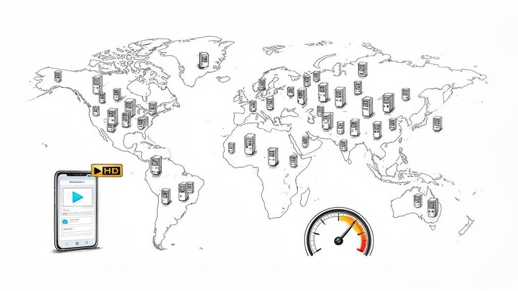 World map with numerous server racks, a smartphone playing HD video, and a high-speed gauge.