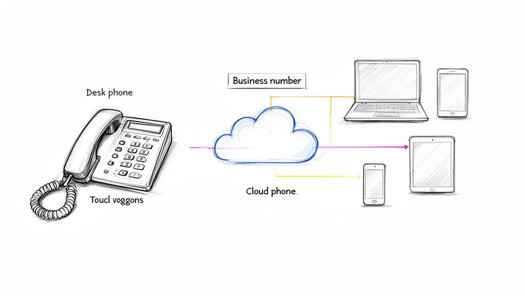 A visual representation of a virtual office phone system connecting various devices through a cloud.