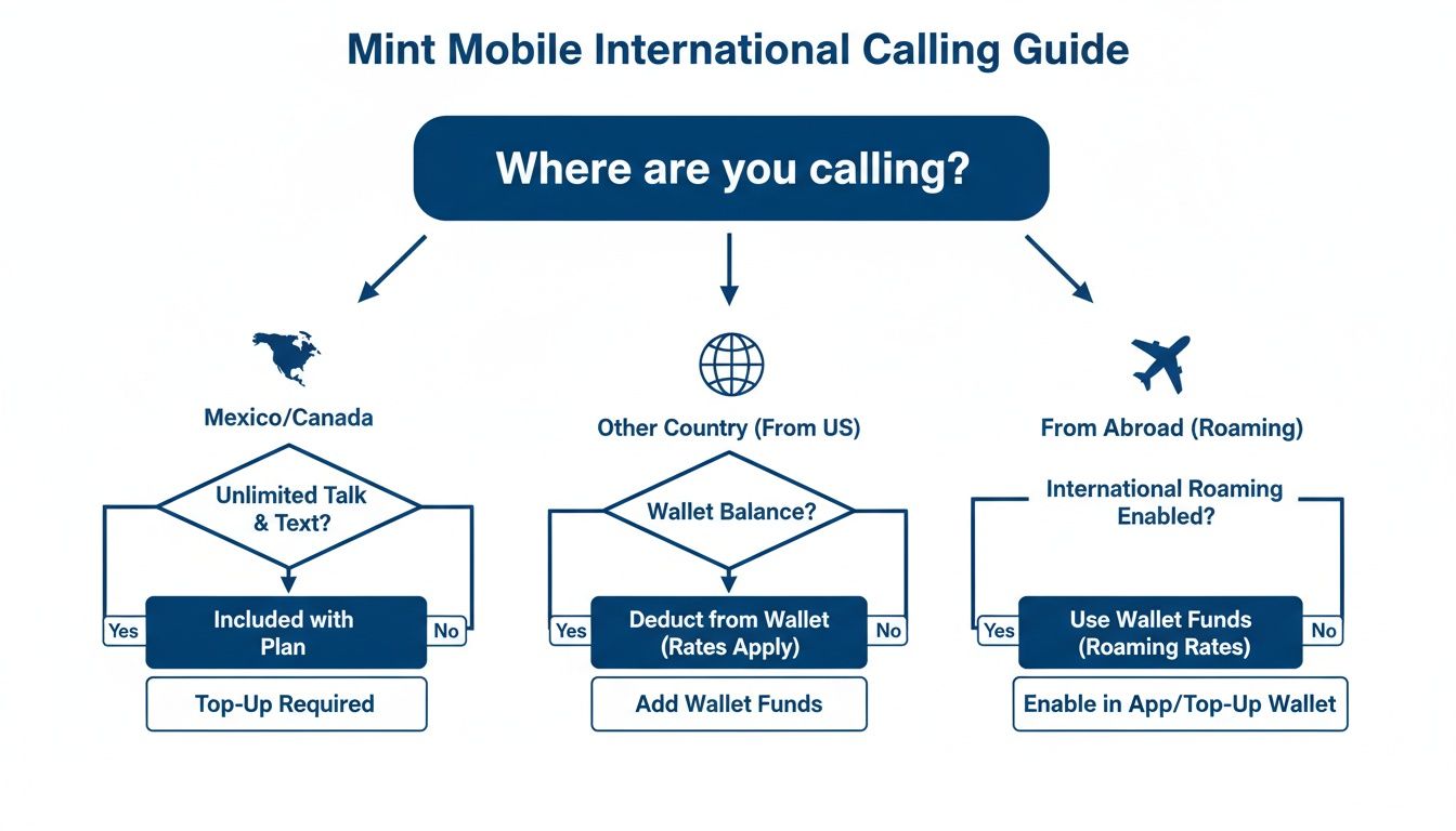A Mint Mobile international calling guide flowchart for calls to Mexico/Canada, other countries, or while roaming.