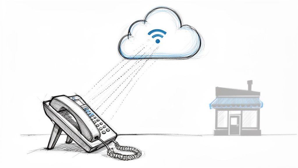 A desk phone connects via Wi-Fi to a cloud, illustrating cloud VoIP service for a small business.
