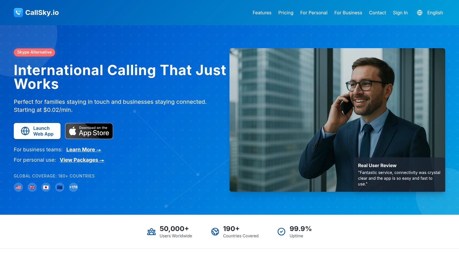 A woman making an international call on her phone with the CallSky.io app interface showing a world map.