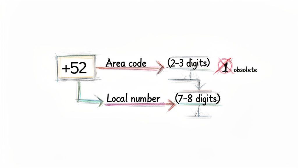A diagram illustrating the structure of a +52 phone number, composed of an Area code (2-3 digits) and a Local number (7-8 digits), noting '1 obsolete'.