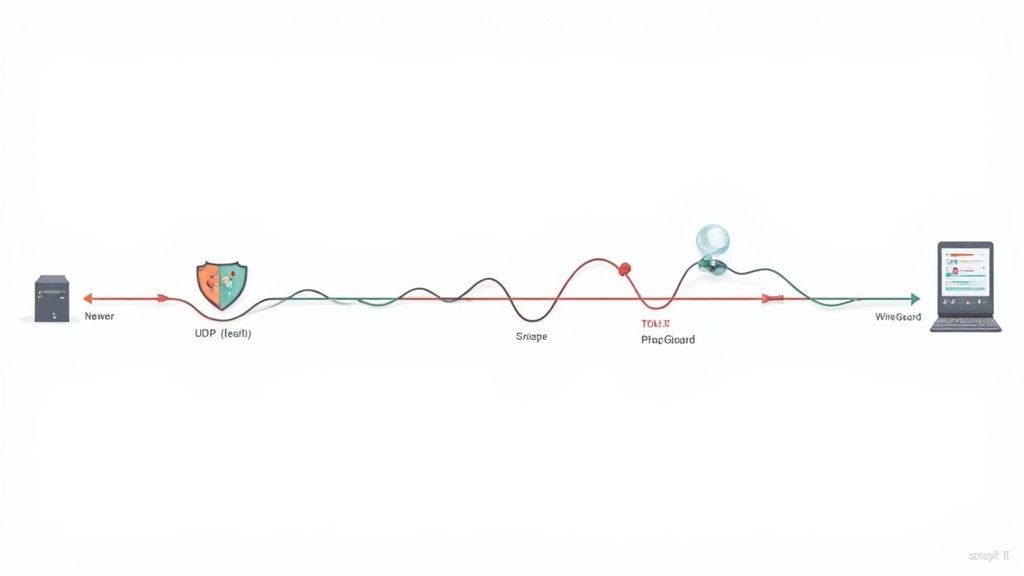 مخطط تصوري لاتصال الشبكة يوضح السيرفر، جدار حماية UDP، وعميل WireGuard.