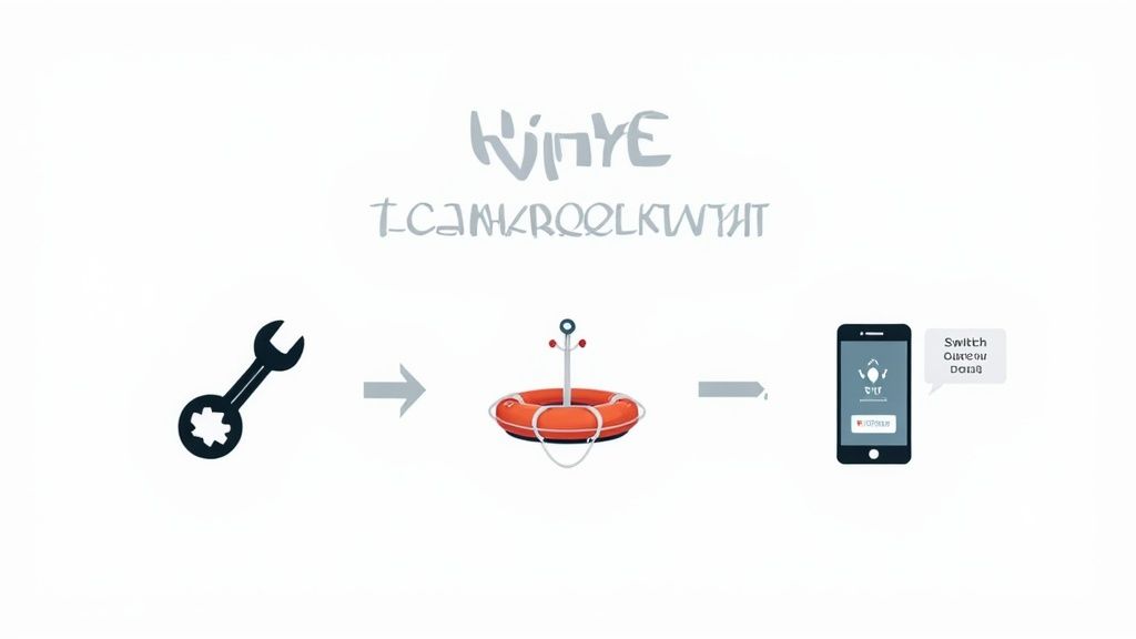 مخطط يظهر مفتاح ربط، سهم، طوق نجاة مع مرساة، وتطبيق هاتف ذكي.