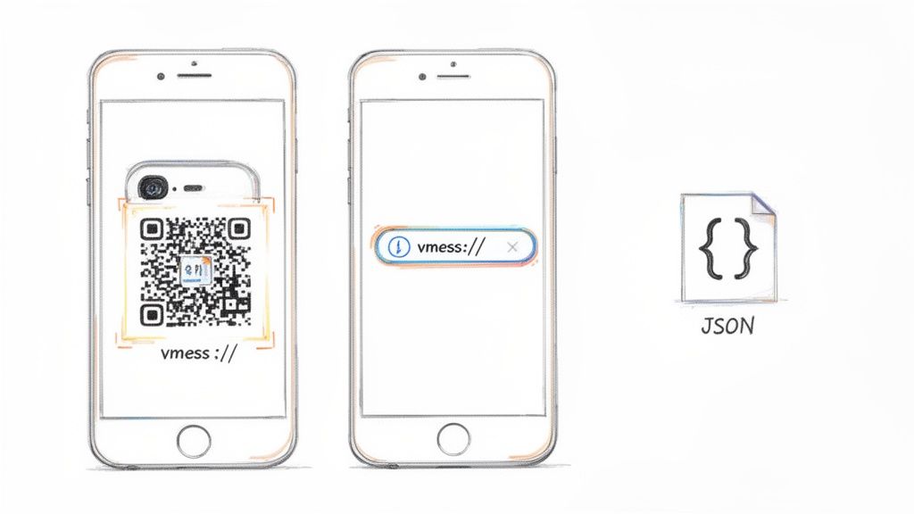 Two smartphones show vmess QR code, vmess link, and JSON file icon for configuration.