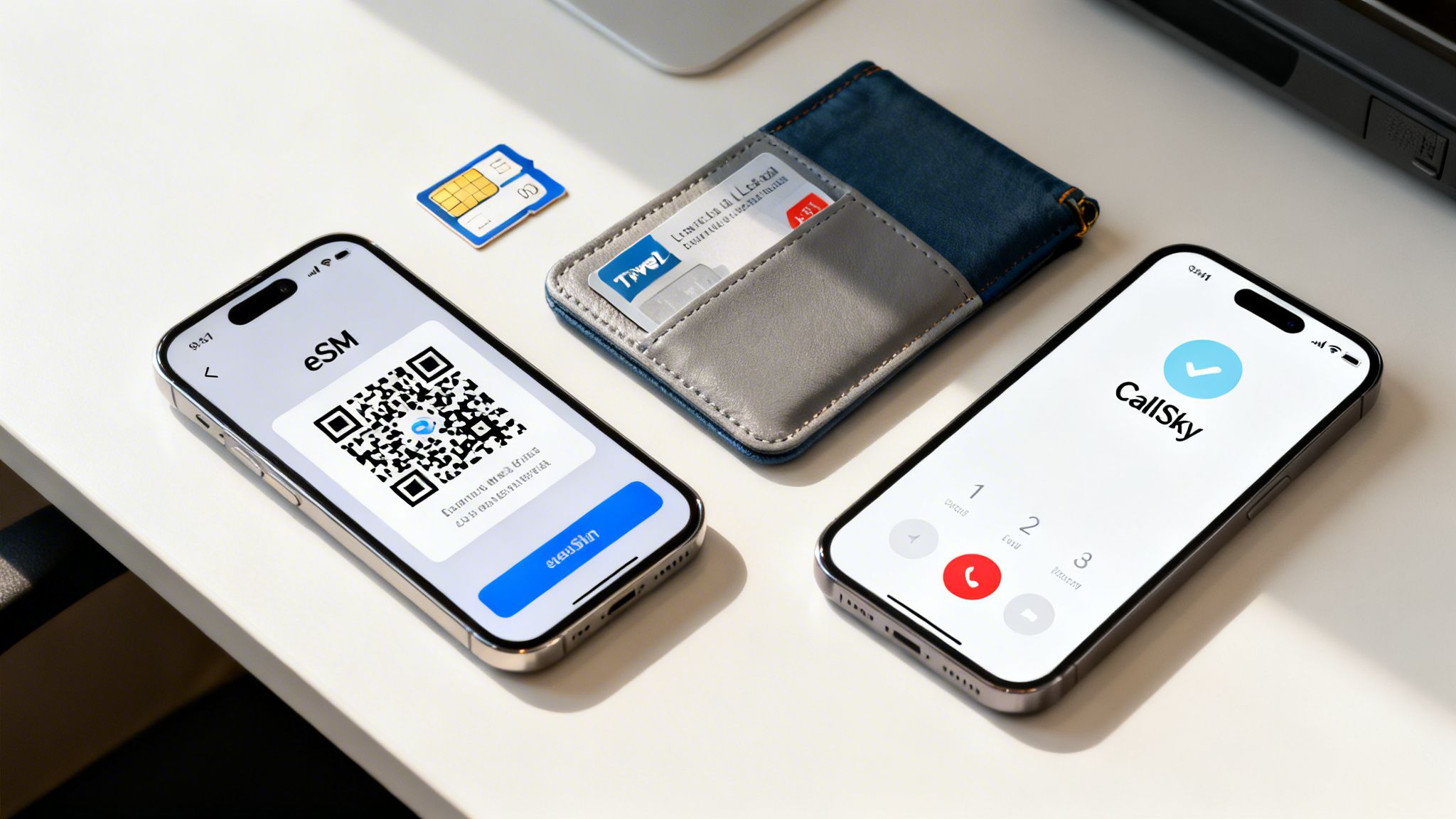 Smartphones displaying eSIM QR and calling app, alongside a physical SIM card and wallet.