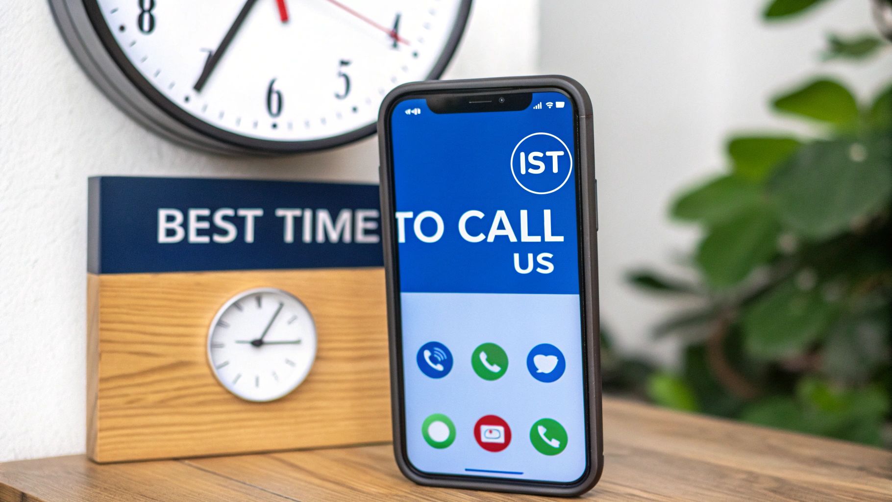 スマートフォンに『BEST TIME TO CALL US』と表示され、横にいくつかの時計が並んでいる写真。